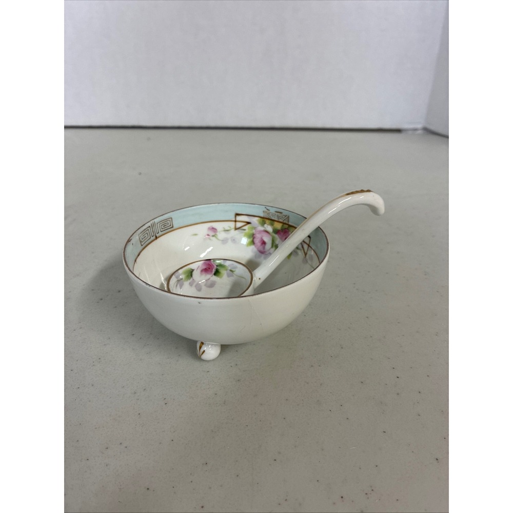 Antique Hand Painted Nippon Porcelain Mayonnaise Bowl and Ladle Set Pink Roses